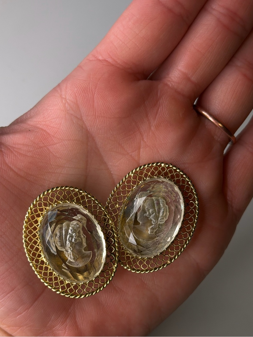 Whiting & Davis Co Vintage-Style Gold Cameo Drop Earrings Clear Crystal Clip ons